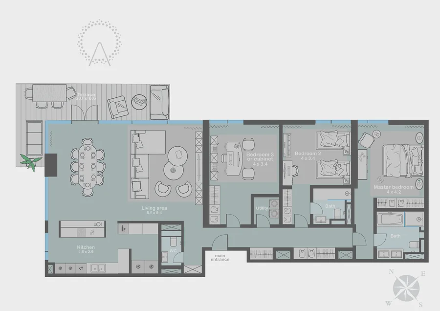 Corner Residence, Sea and Ain Dubai Views, floor plan