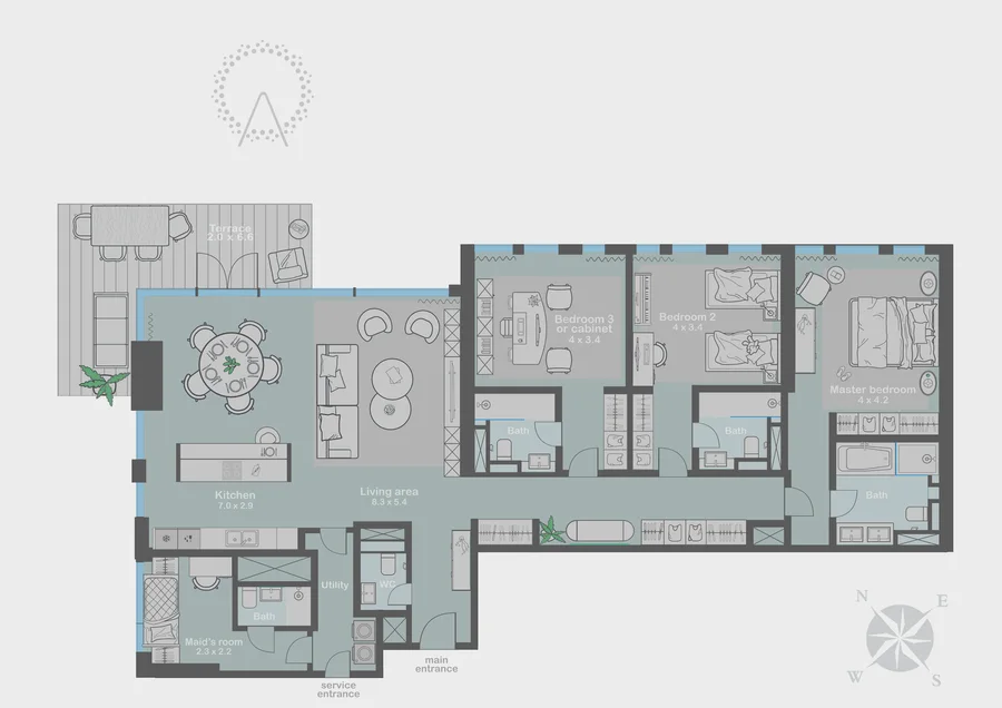 Residencia en planta alta con vistas a JBR, plano