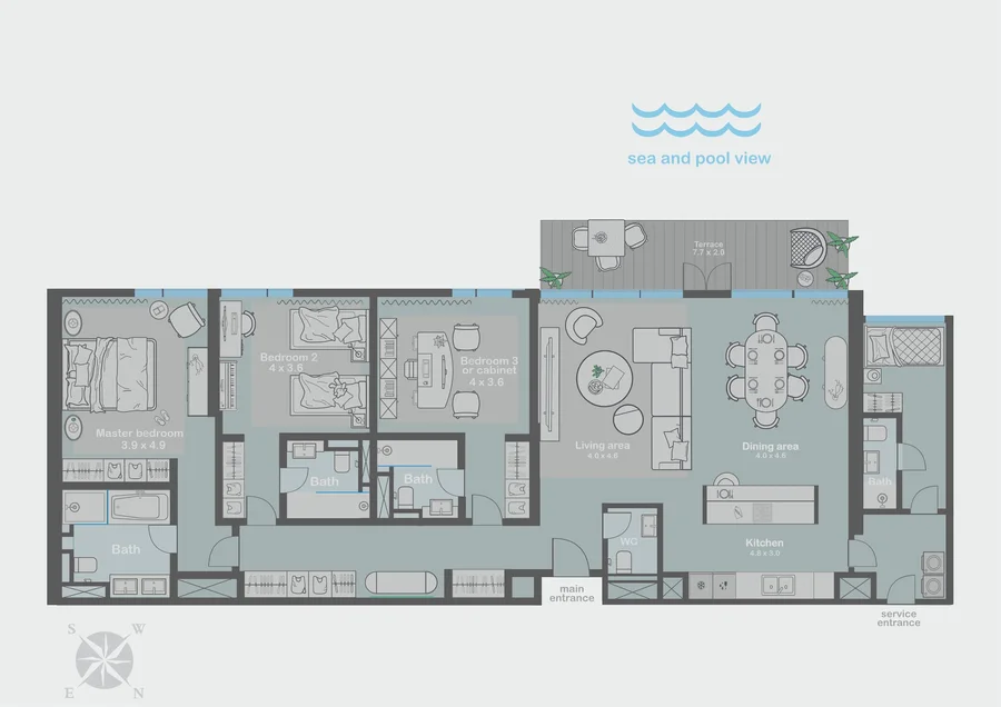 Résidence de trois chambres, vue mer dégagée, plan