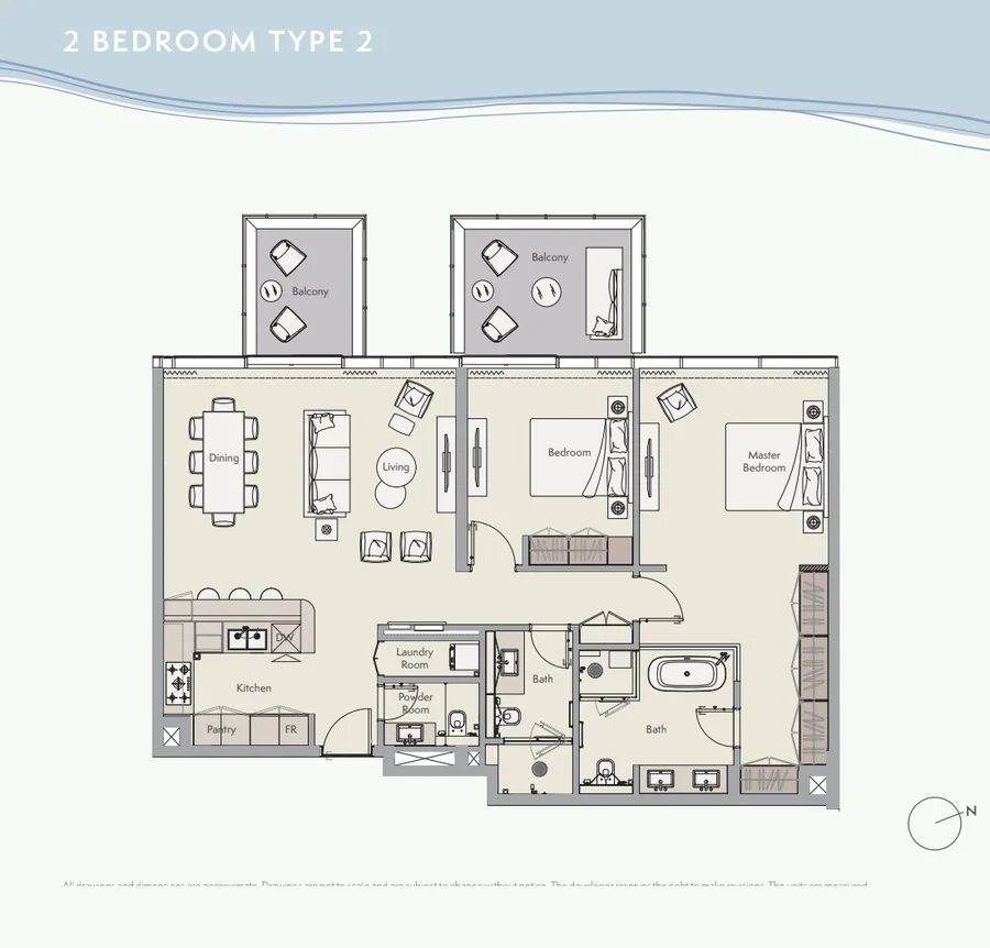 Residencia amueblada de dos dormitorios con vistas al mar y a Atlantis, plano