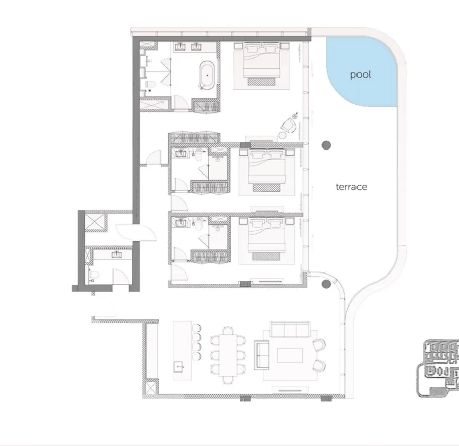 Three-Bedroom Residence with Terrace Pool, floor plan