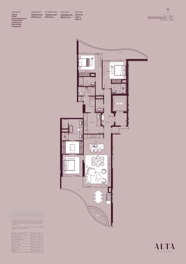 Residencia de tres dormitorios con vistas al canal y a la ciudad, plano