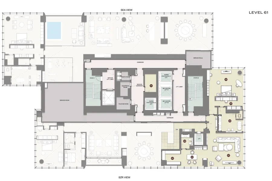 Duplex-Penthouse mit sechs Schlafzimmern und Blick auf Meer und Golfplatz, Grundriss