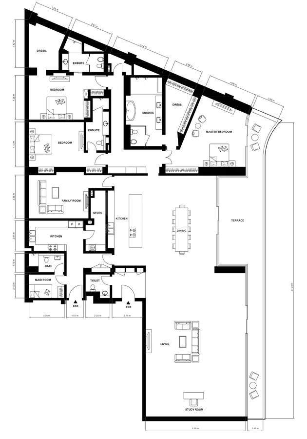 Residenza con tre camere da letto e sala multimediale, planimetria